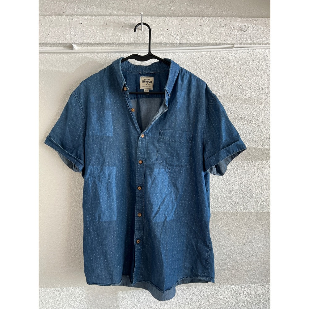 American Eagle Premium Indigo Mens XL Blue Polka Dot Short Sleeve Denim Shirt
